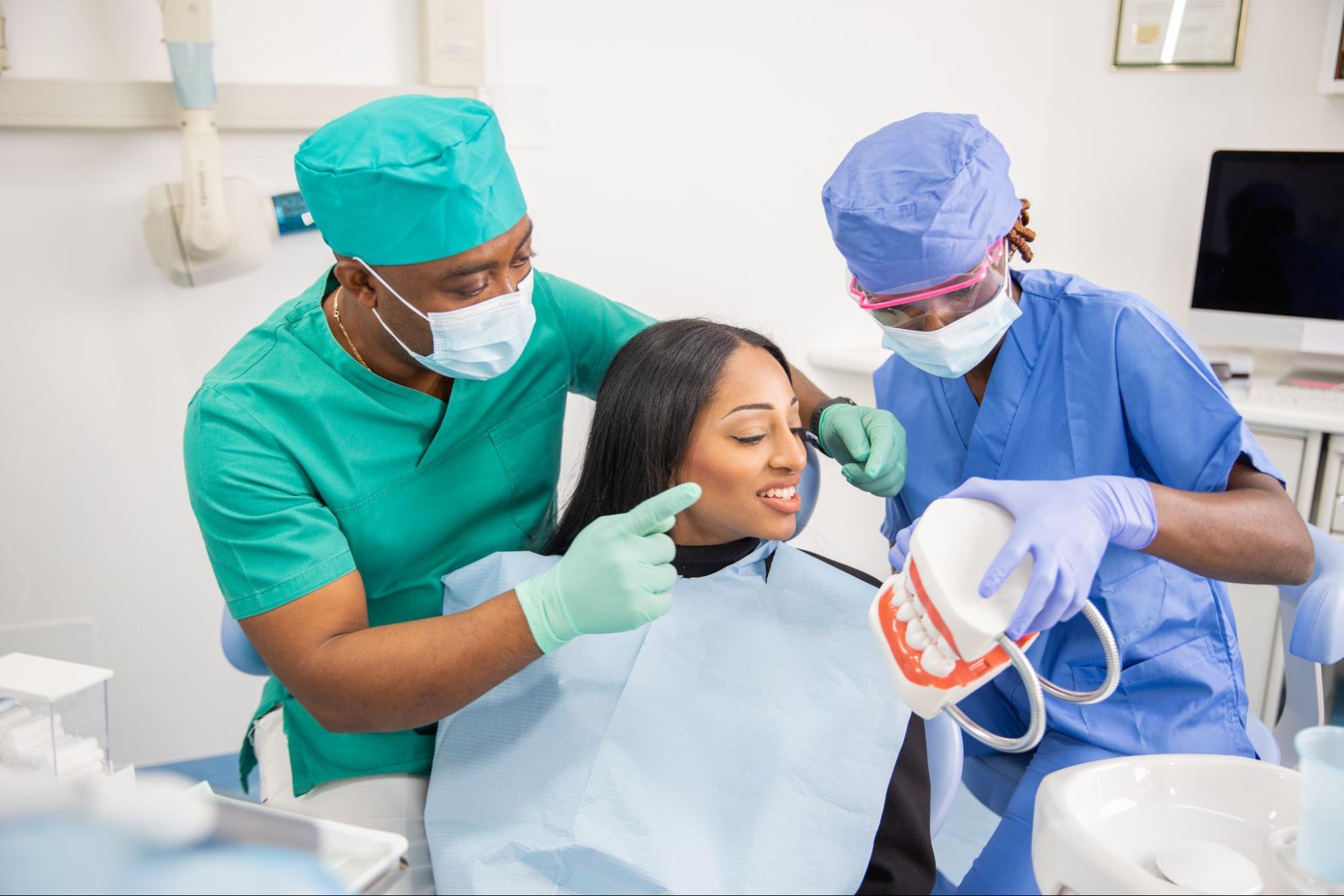 A closeup of a woman during a dental check-up.